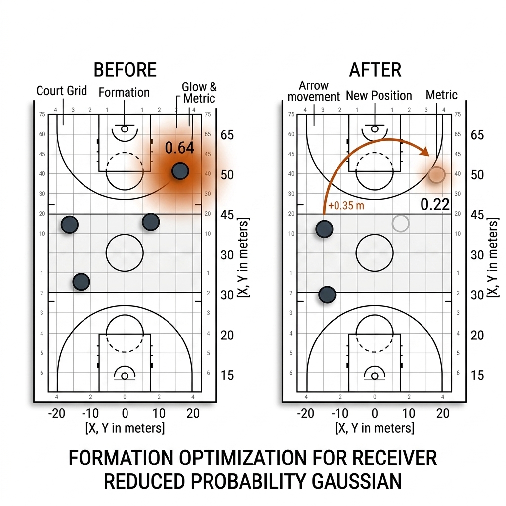 Before and after panels of the same pickleball formation: a threat glow around a receiver in the before panel, one player shifted with an arrow in the after panel, and the glow reduced.