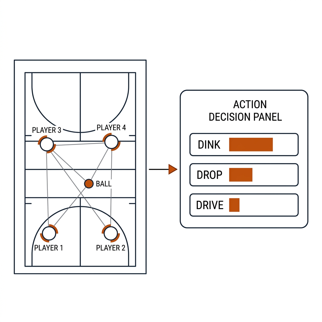 A five-node pickleball graph feeding a small decision panel with dink, drop, and drive options shown as burnt-orange probability bars.