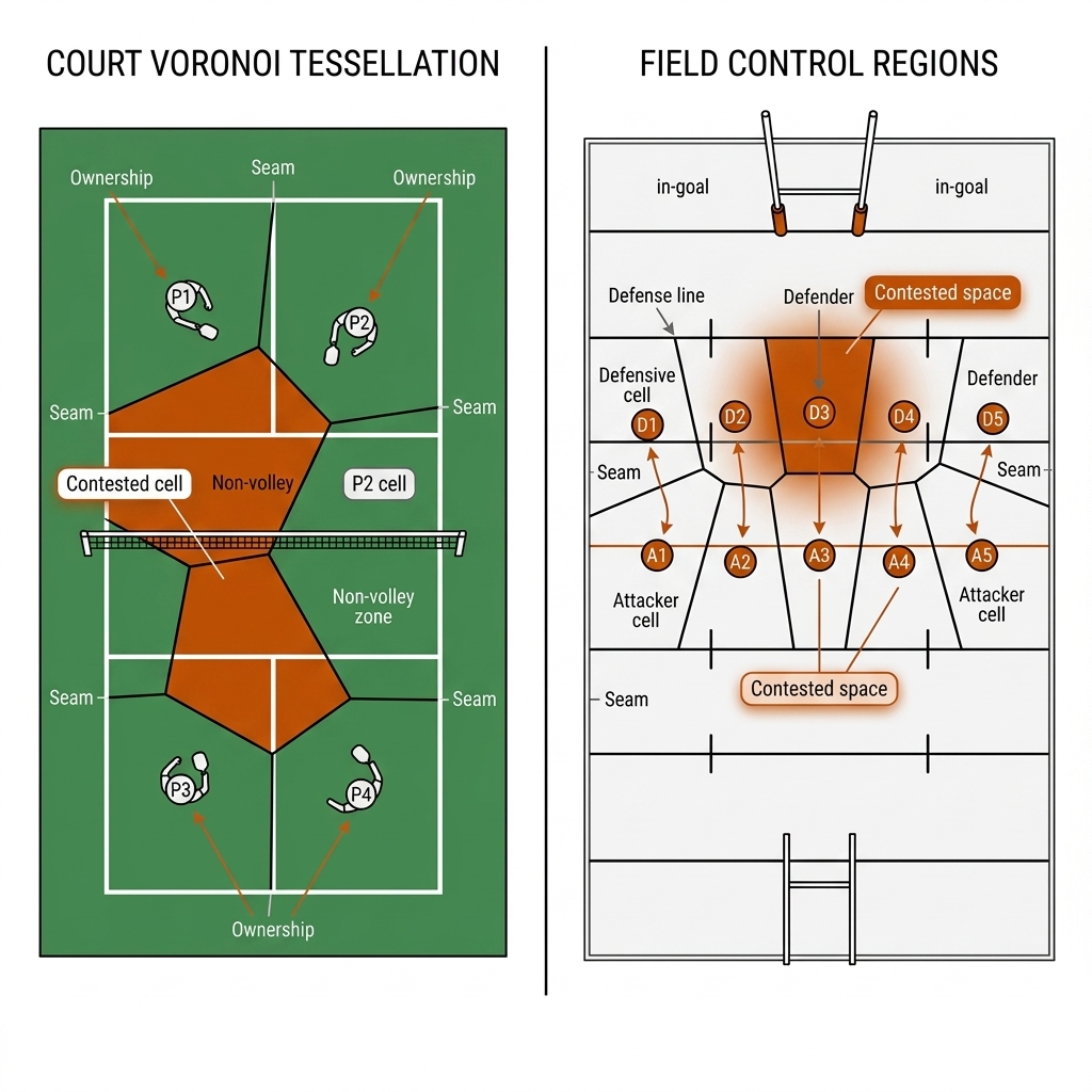 Split panel: a pickleball court divided into four Voronoi cells beside a rugby league pitch segment tessellated between attackers and a defensive line, with contested cells in burnt-orange.