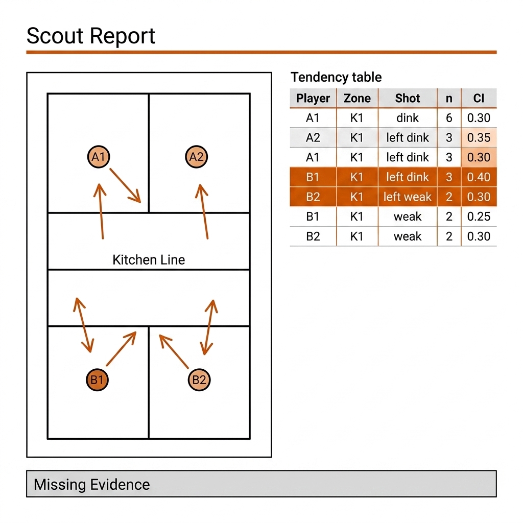 Pickleball scouting report mockup: doubles court diagram with player slots, tendency table with n and CI columns, and a grey Missing Evidence box.