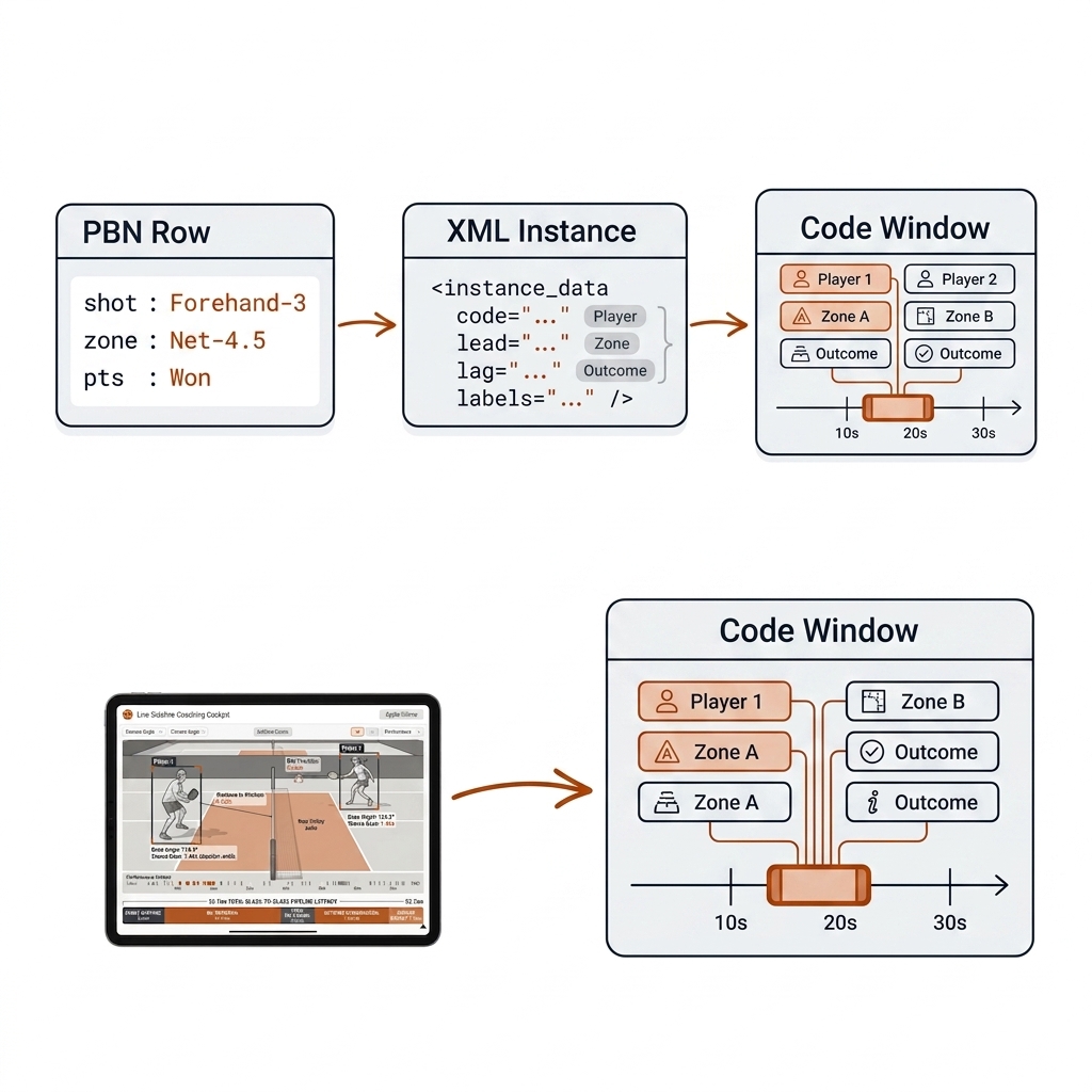 PBN row to XML instance to SportsCode code window flow: key-value event row, XML snippet with code lead lag labels, and a button grid with timeline clip.