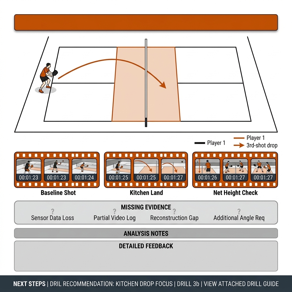 Pickleball post-match report: court diagram with third-shot drop arc, verdict band, clip strips, and missing evidence box.