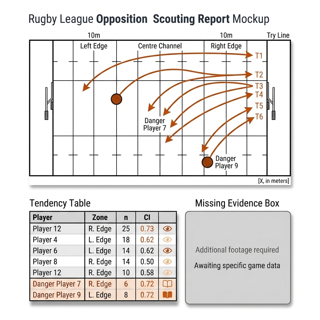 Rugby league scouting report: pitch with edge labels, tackle-set sweep arrows, tendency table with n and CI.