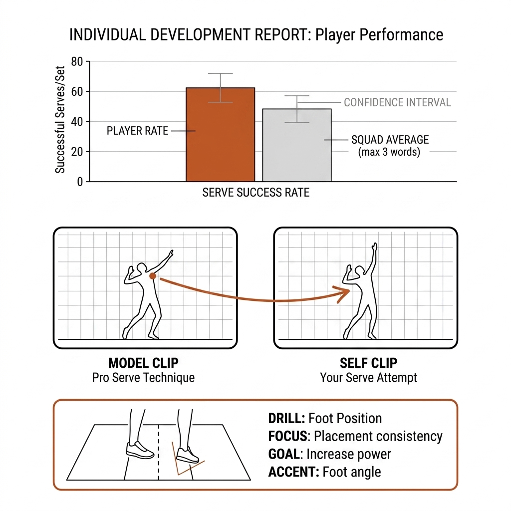 Individual player report: rate versus squad bar chart with CI whiskers, model clip and self clip frames, one cue arrow.