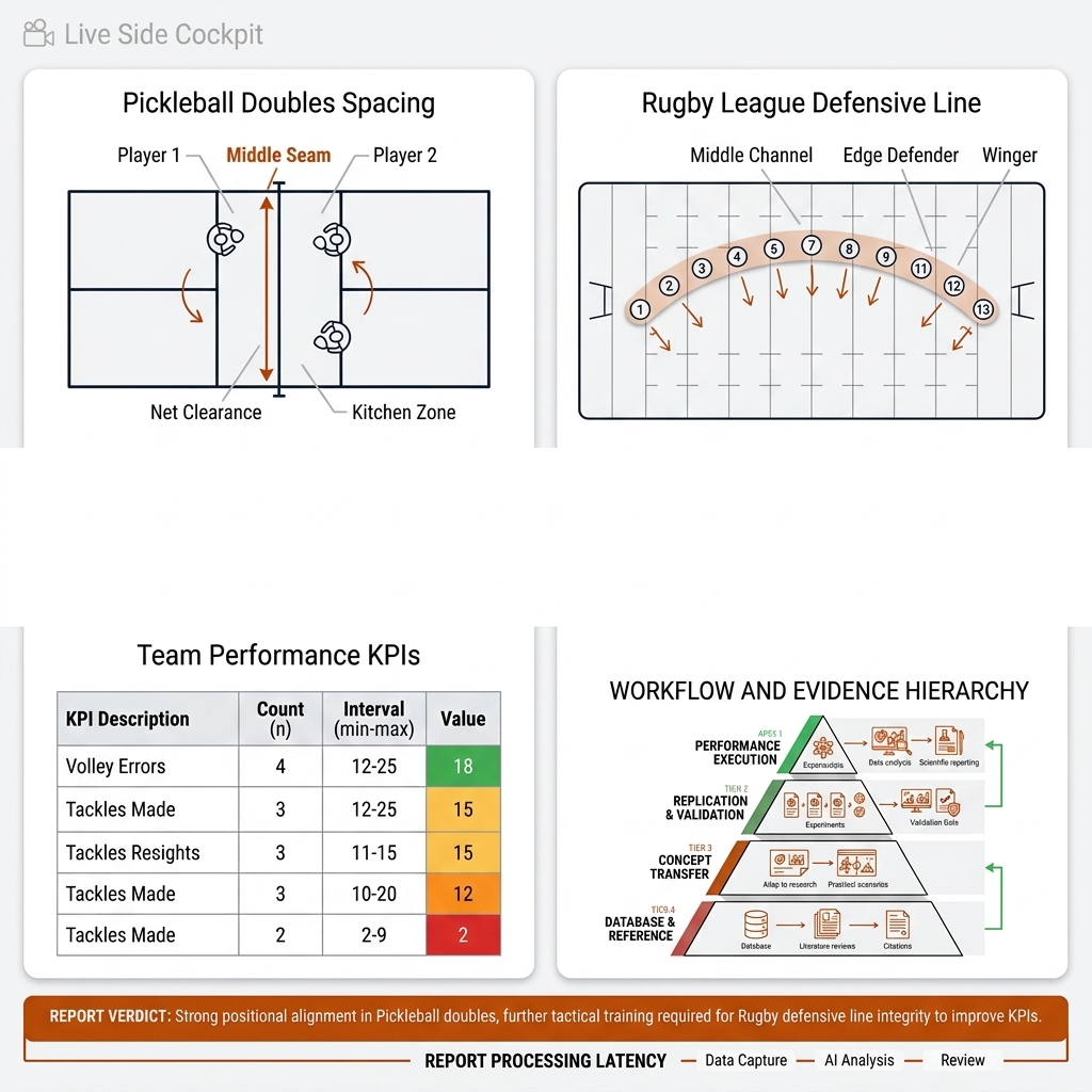 Team report split panel: pickleball doubles spacing and rugby defensive line with shared KPI table.