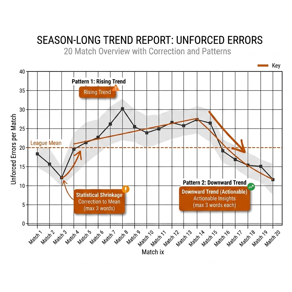Season trend report: metric line across 20 matches with confidence band and shrinkage arrow to league mean.