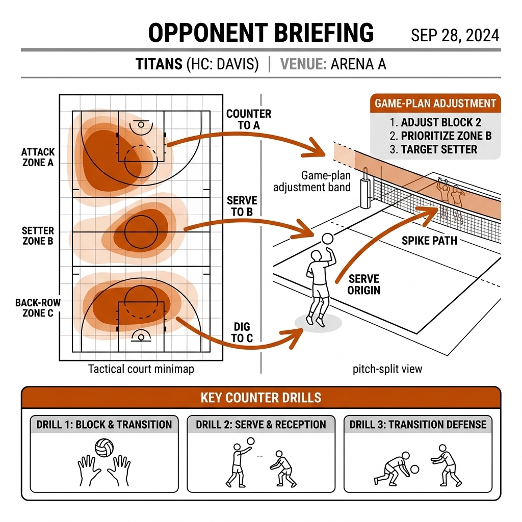 Pre-match briefing one-pager: opponent tendency heat zones, counter-move arrows, and three drills.