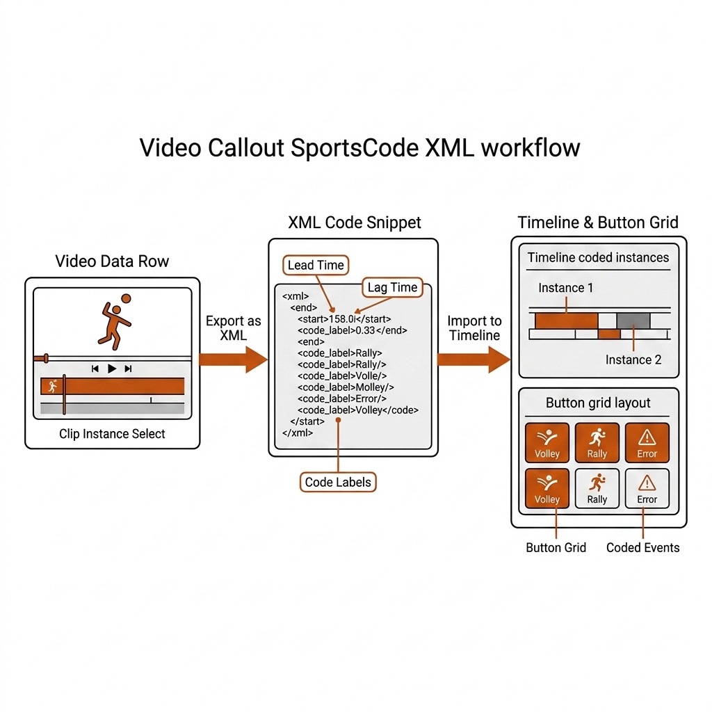 Video callout workflow: event row to XML snippet to SportsCode timeline with button grid.