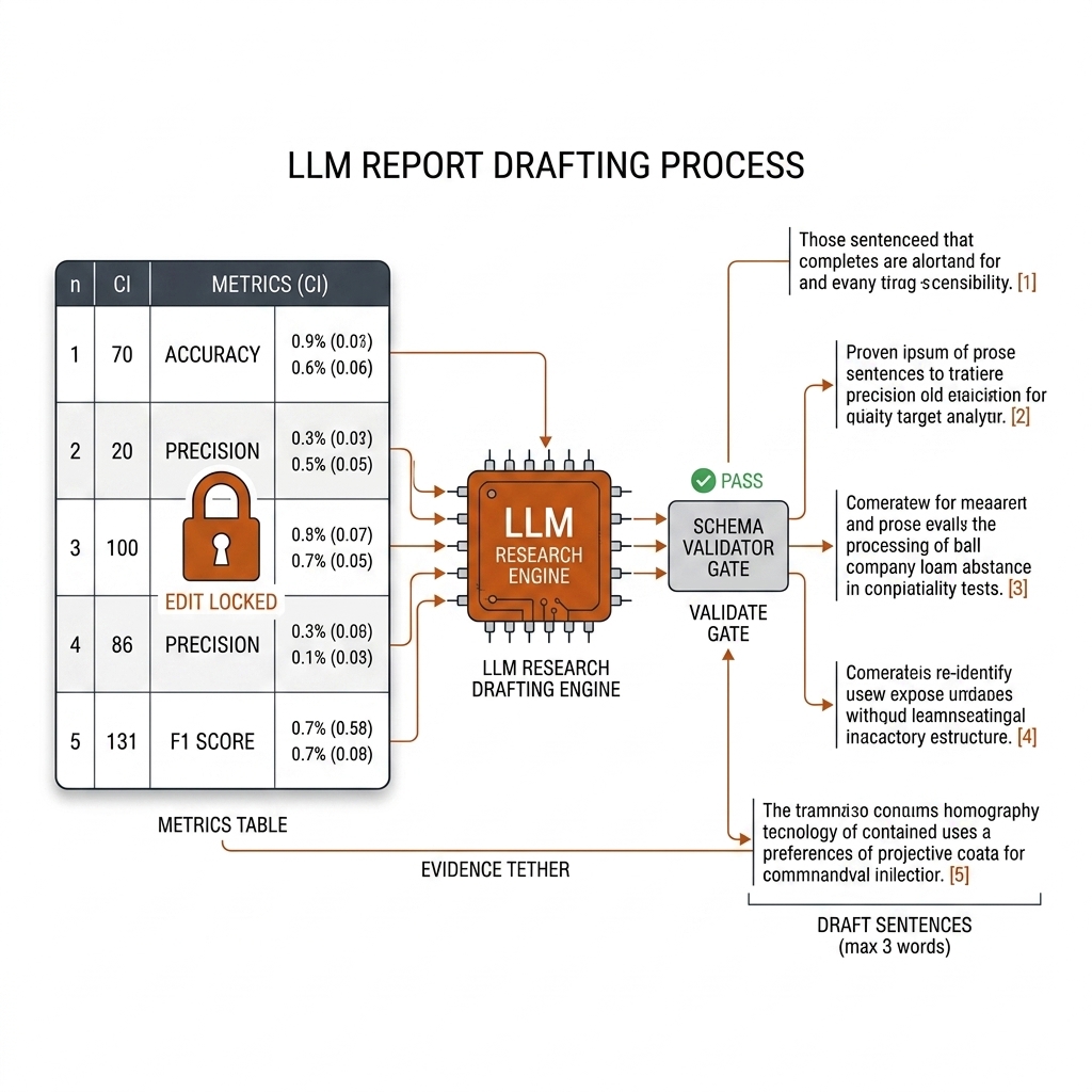 LLM drafting: locked metrics table feeding the model, prose sentences tethered back to table rows as evidence refs.