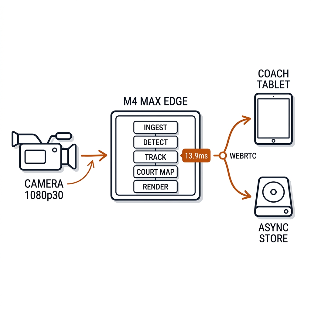 Edge hardware pipeline: camera to M4 Max core loop to coach tablet via WebRTC and async store. White background, black linework, burnt-orange accents.
