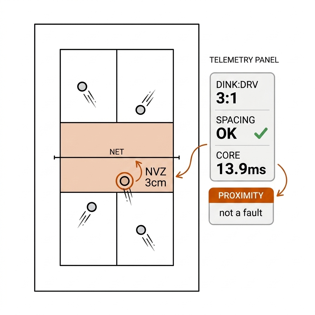 Pickleball live HUD mockup: top-down doubles court, NVZ shaded, proximity ring, telemetry panel with dink-to-drive ratio. White background, black linework, burnt-orange accents.
