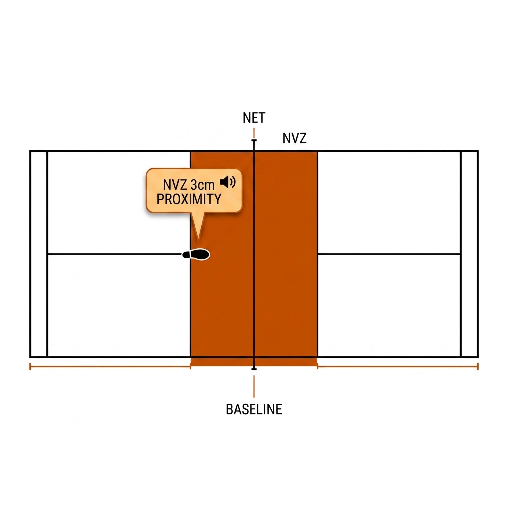 Pickleball court top-down, kitchen zone shaded, foot marker on the kitchen line, HUD alert card reading NVZ proximity. White background, black linework, burnt-orange accents.