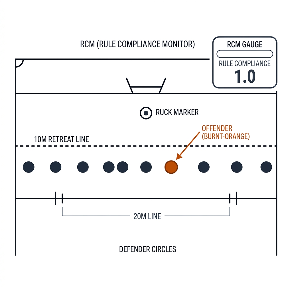 Rugby league pitch top-down, ruck marker, dashed 10m retreat line, defenders behind the line, one early defender flagged. White background, black linework, burnt-orange accents.