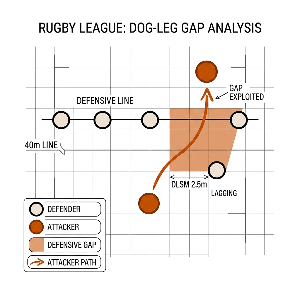 Rugby league defensive line top-down, one defender lagging, dog-leg gap shaded, ball runner arrow through the gap. White background, black linework, burnt-orange accents.