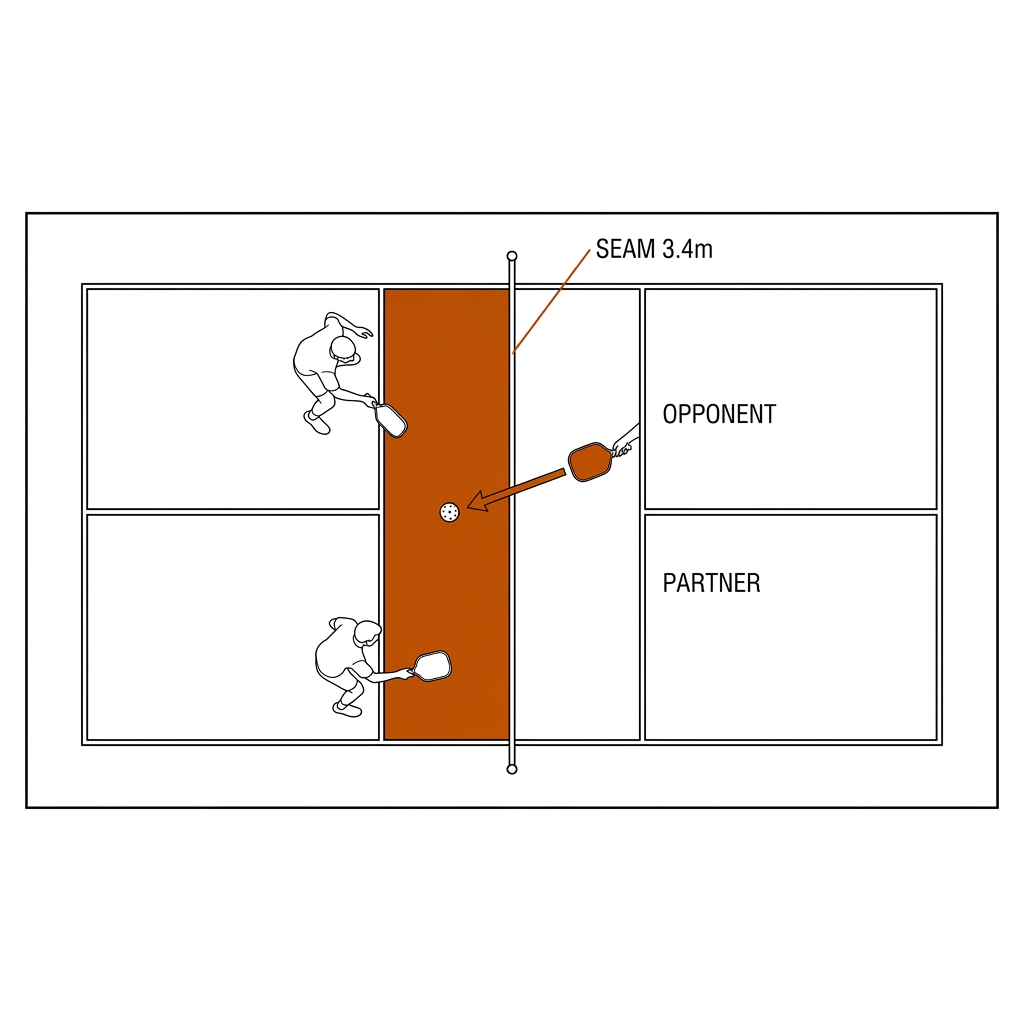 Pickleball doubles court, partners drifted apart, middle seam corridor shaded, ball passing through the gap. White background, black linework, burnt-orange accents.