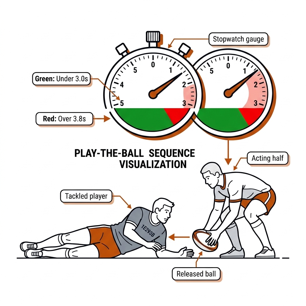 Rugby league play-the-ball side view with stopwatch gauge, green band under 3 seconds, red band over 3.8 seconds. White background, black linework, burnt-orange accents.