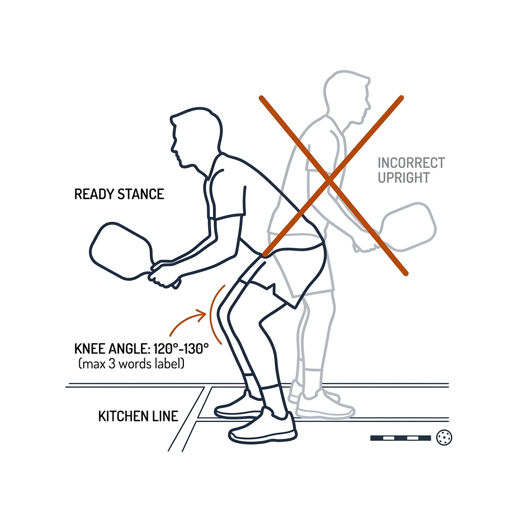Pickleball player side view in ready stance at the kitchen line, knee angle arc labelled, upright posture ghost crossed out. White background, black linework, burnt-orange accents.