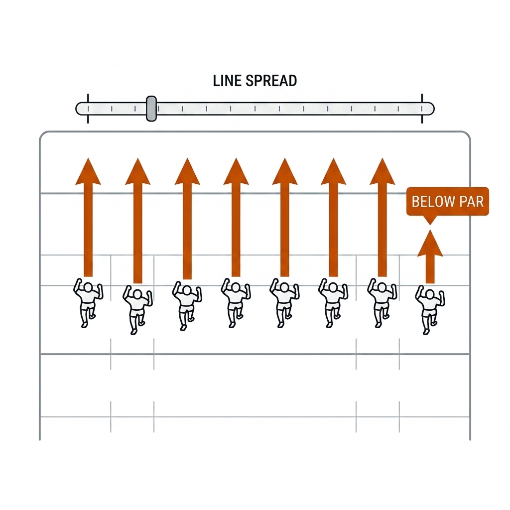 Rugby league defensive line advancing top-down, per-player speed arrows, one edge arrow shorter and flagged. White background, black linework, burnt-orange accents.
