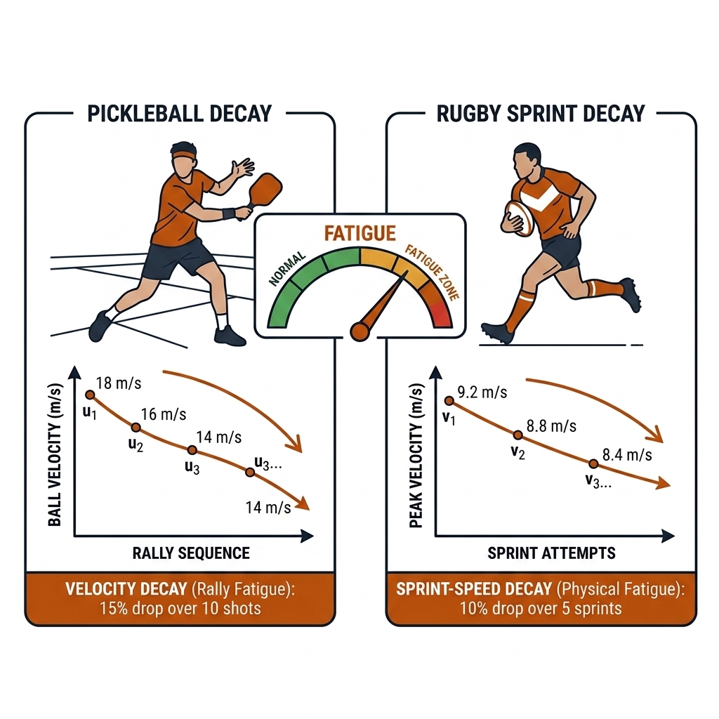 Two-panel diagram with pickleball and rugby players, declining performance curves, shared gauge entering amber zone. White background, black linework, burnt-orange accents.