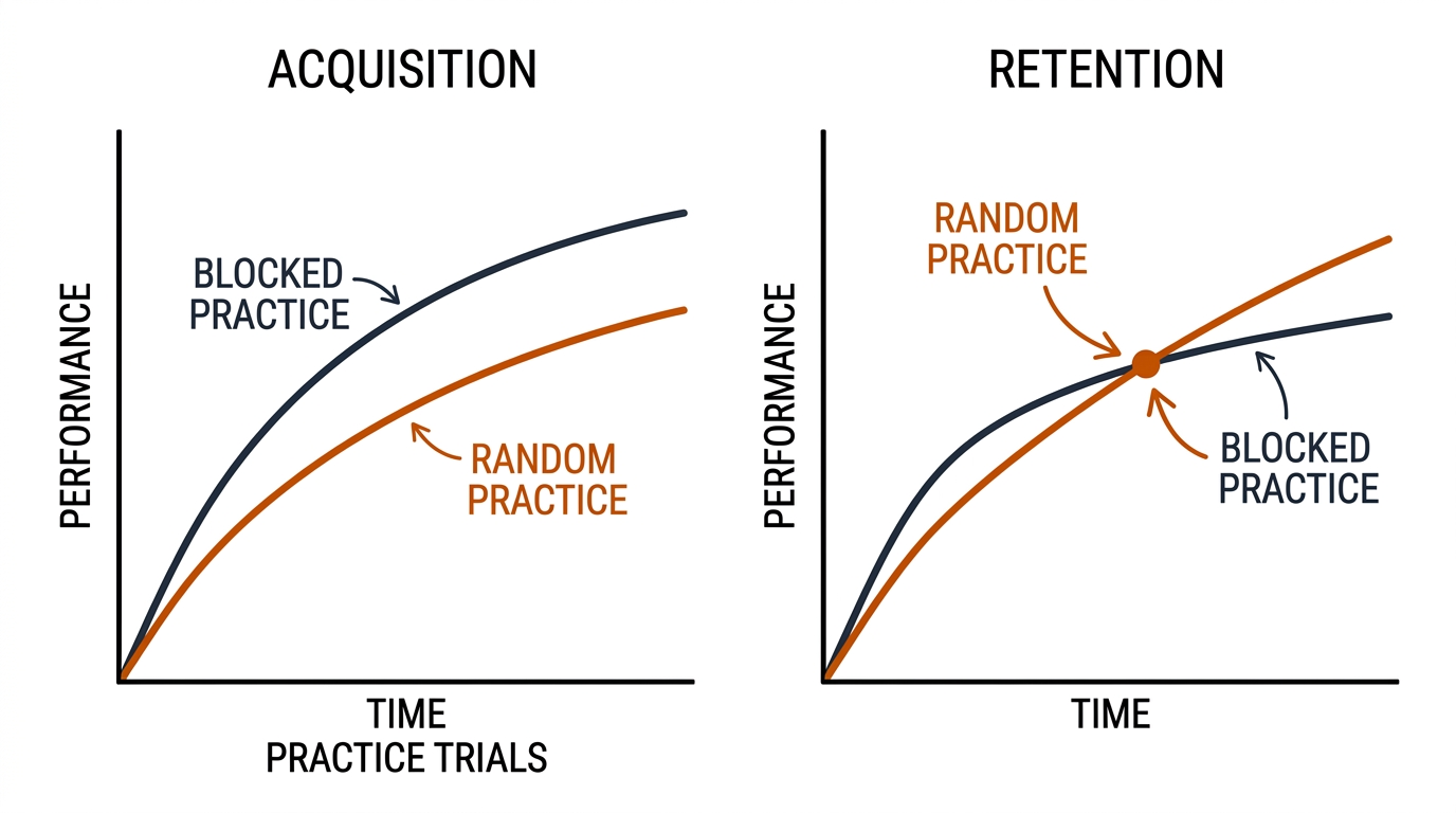 Two-panel chart: in acquisition the blocked-practice line sits above the random-practice line; in retention the random line crosses above the blocked line.