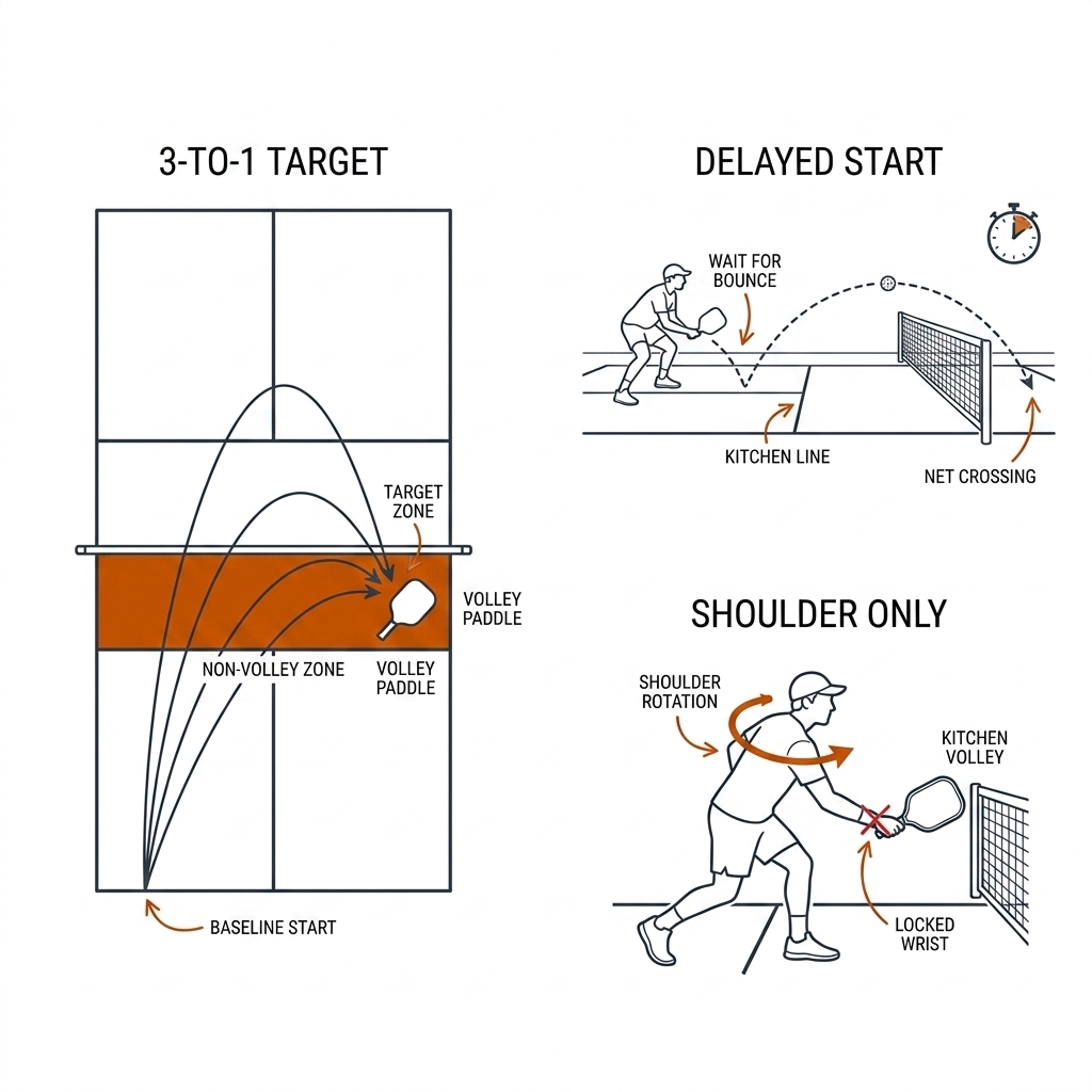 Three-panel pickleball drill diagram: the 3-to-1 target game with a shaded kitchen target zone, the delayed-start dinks with a ready-stance player and clock, and the shoulder-only volley with the wrist locked.