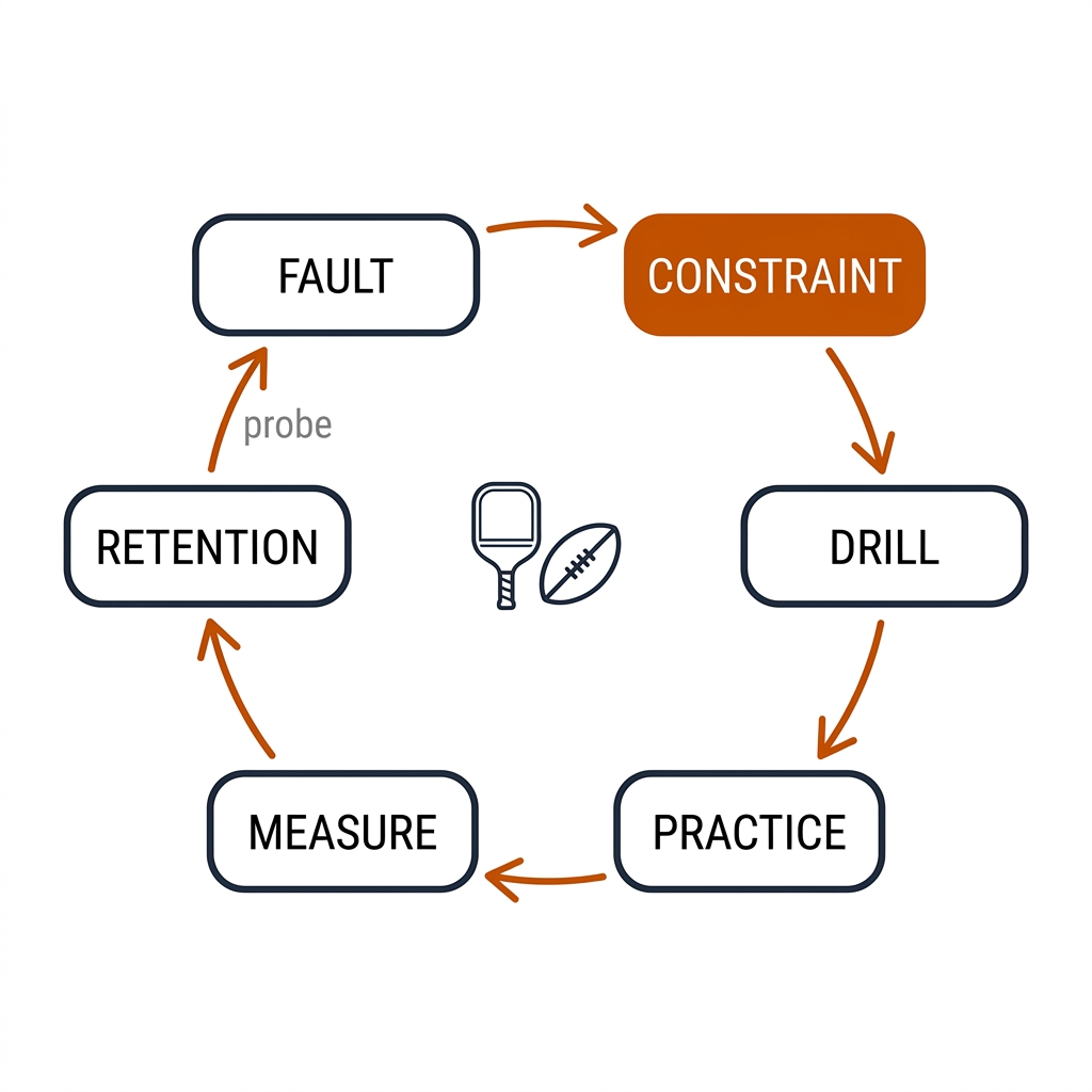 Circular practice design loop: Fault, Constraint, Drill, Practice, Measure, Retention, with the Constraint node highlighted in burnt orange and a probe arrow returning from Retention to Fault.