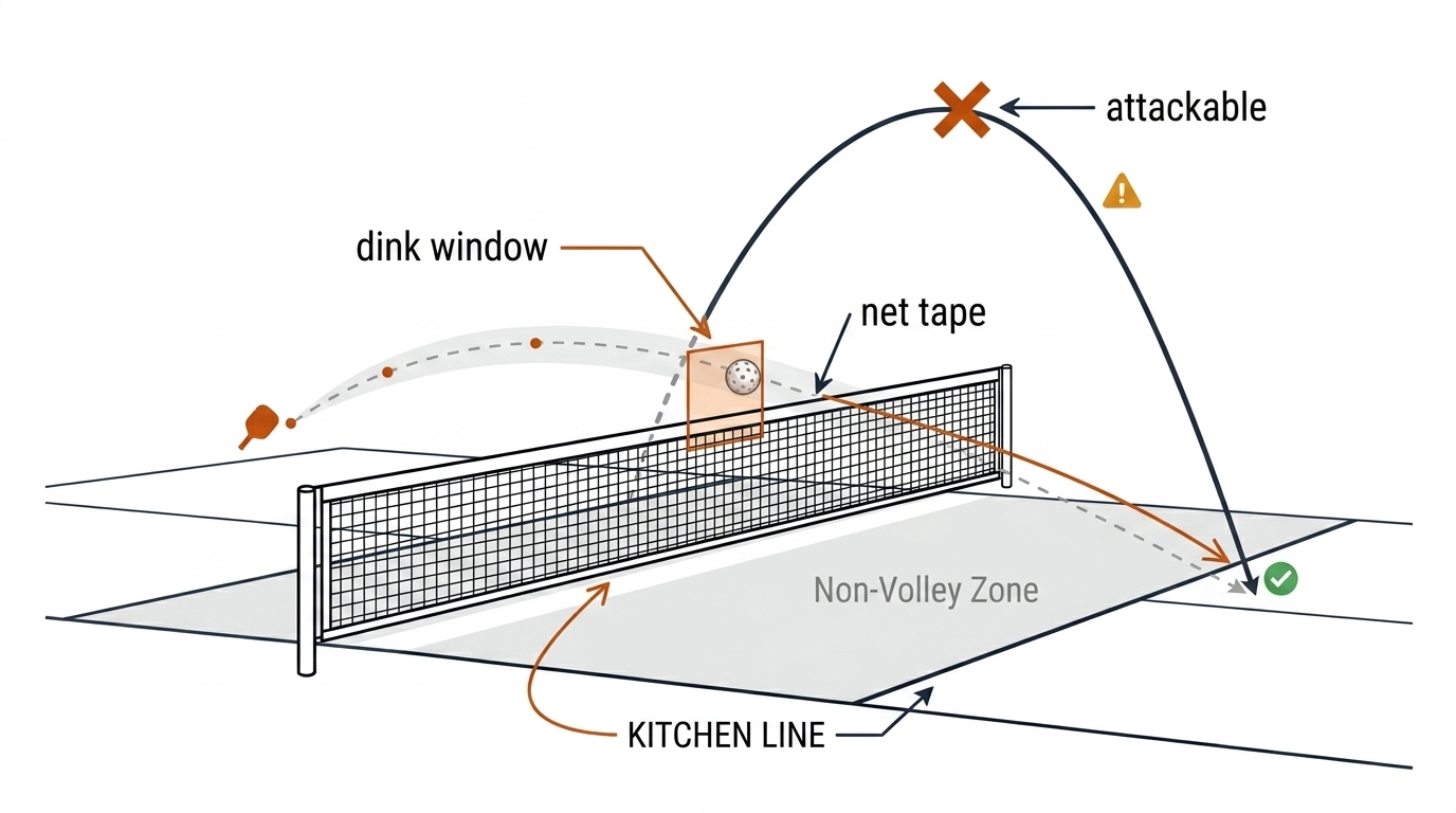 Pickleball dink fidelity drill: a low dink arc passing through a small window above the net tape, with a high attackable arc crossed out.