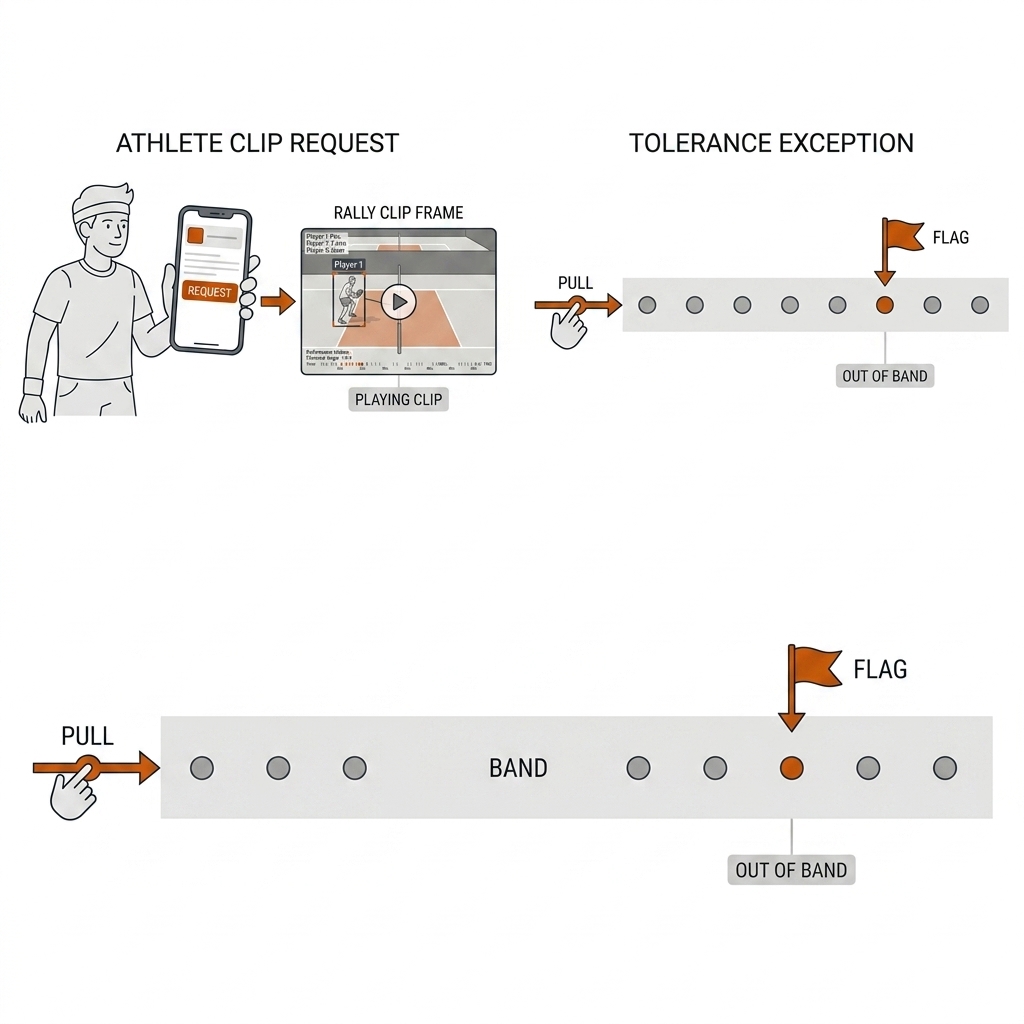 Two-panel feedback schedule diagram: athlete pressing a request-feedback button on a phone, and a tolerance band where in-band dots stay silent and one out-of-band dot is flagged.