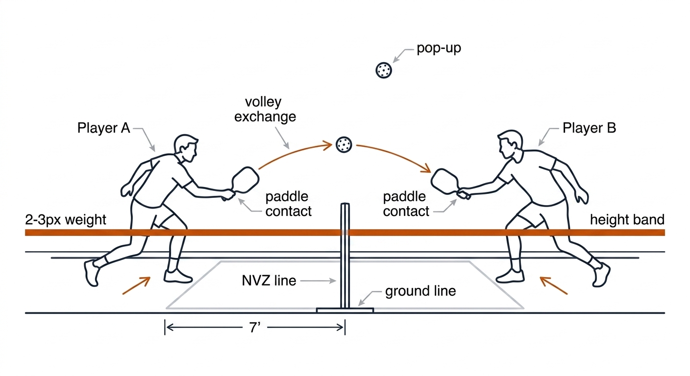 Pickleball kitchen firefight drill: two players in a rapid volley exchange at the NVZ line with a knee-height band constraint and one popped-up ball flagged.