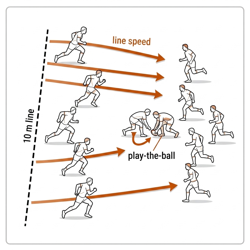 Rugby league line-speed drill: five defenders sprinting up from a marked 10-metre retreat line toward the attack, with the play-the-ball marked.