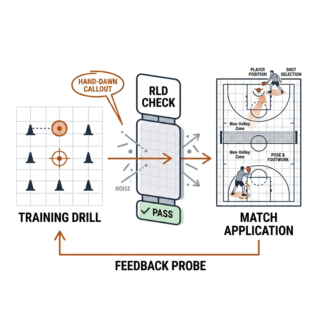 Practice-to-match transfer diagram: a drill icon passing through an RLD-check gate toward a match icon, with a probe arrow returning from match to drill.