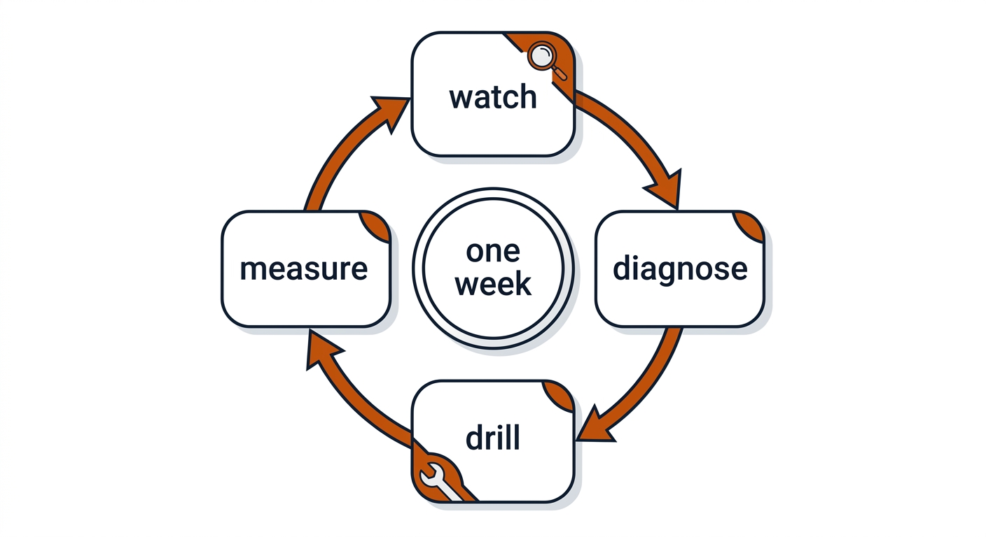The review loop: a circular diagram with watch, diagnose, drill, and measure nodes connected in a one-week cycle.