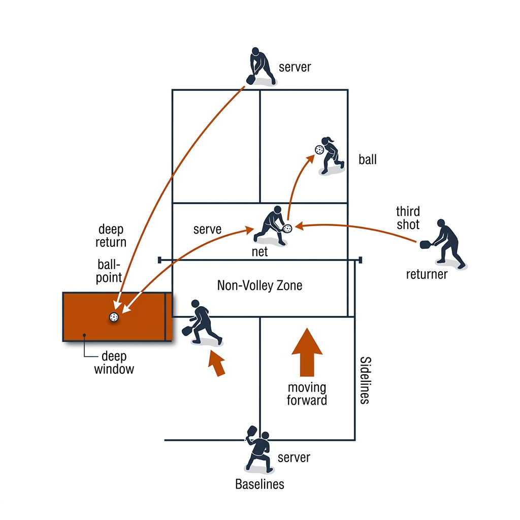 Pickleball serve-return drill: top-down court with a serve and a deep return landing in a shaded deep window near the baseline, returner advancing.