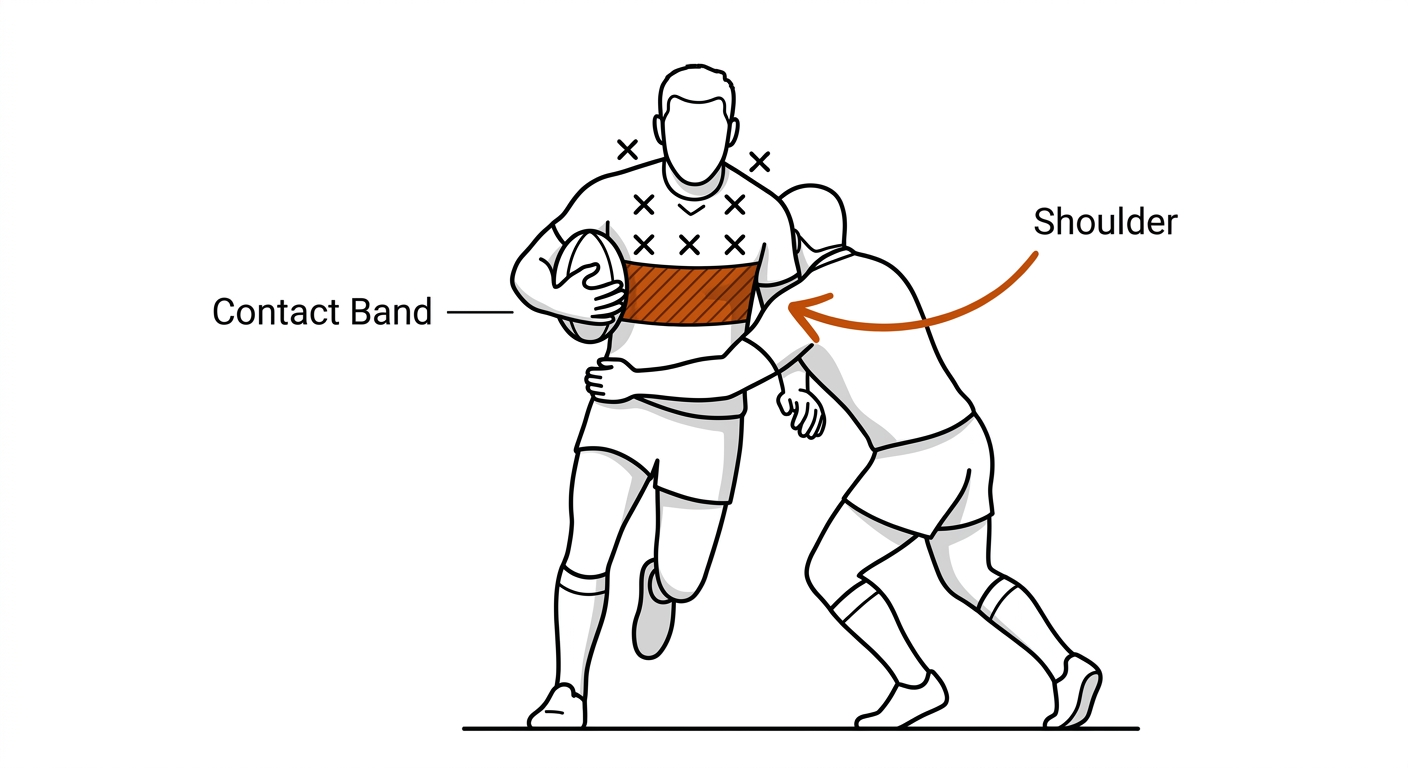 Rugby league tackle technique drill: front-on tackle with the defender's shoulder contacting a shaded legal contact band at chest height.