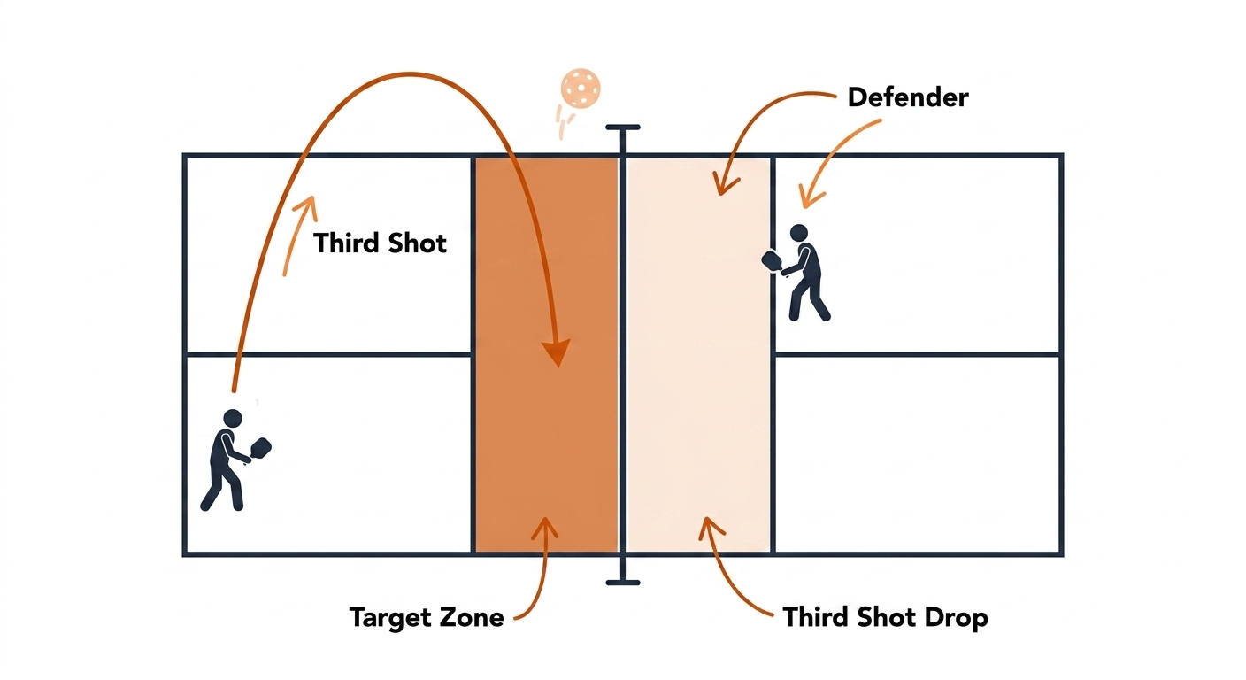 Pickleball third-shot drop drill: top-down court with a high looping arc from the baseline landing in a shaded kitchen target zone against a live defender at the NVZ.