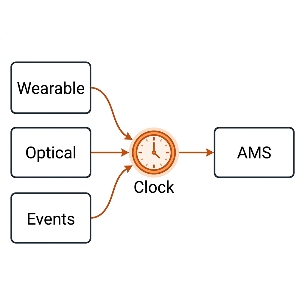 Fusion architecture: wearable GNSS/IMU plus optical tracking plus event metadata joined by clock sync, registration, and identity into the athlete-management system.