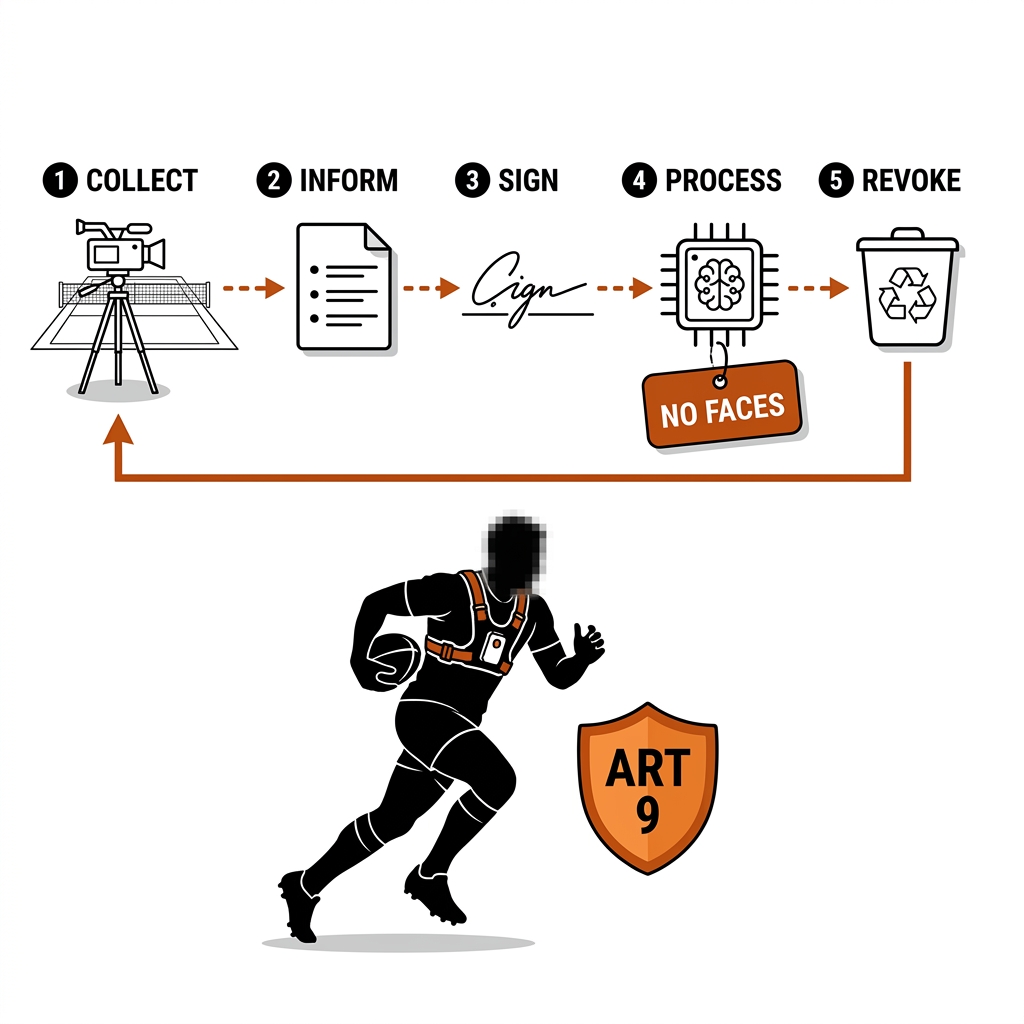 Five-stage athlete consent flow: collect, inform, sign, process with no-faces tag, revoke loop; blurred-face athlete silhouette with privacy shield.
