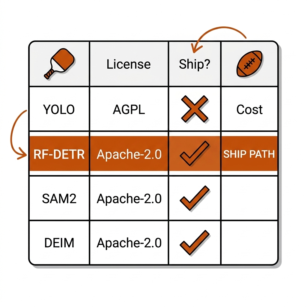License comparison matrix: YOLO AGPL marked no-ship; RF-DETR, SAM2, DEIM Apache-2.0 marked ship path.