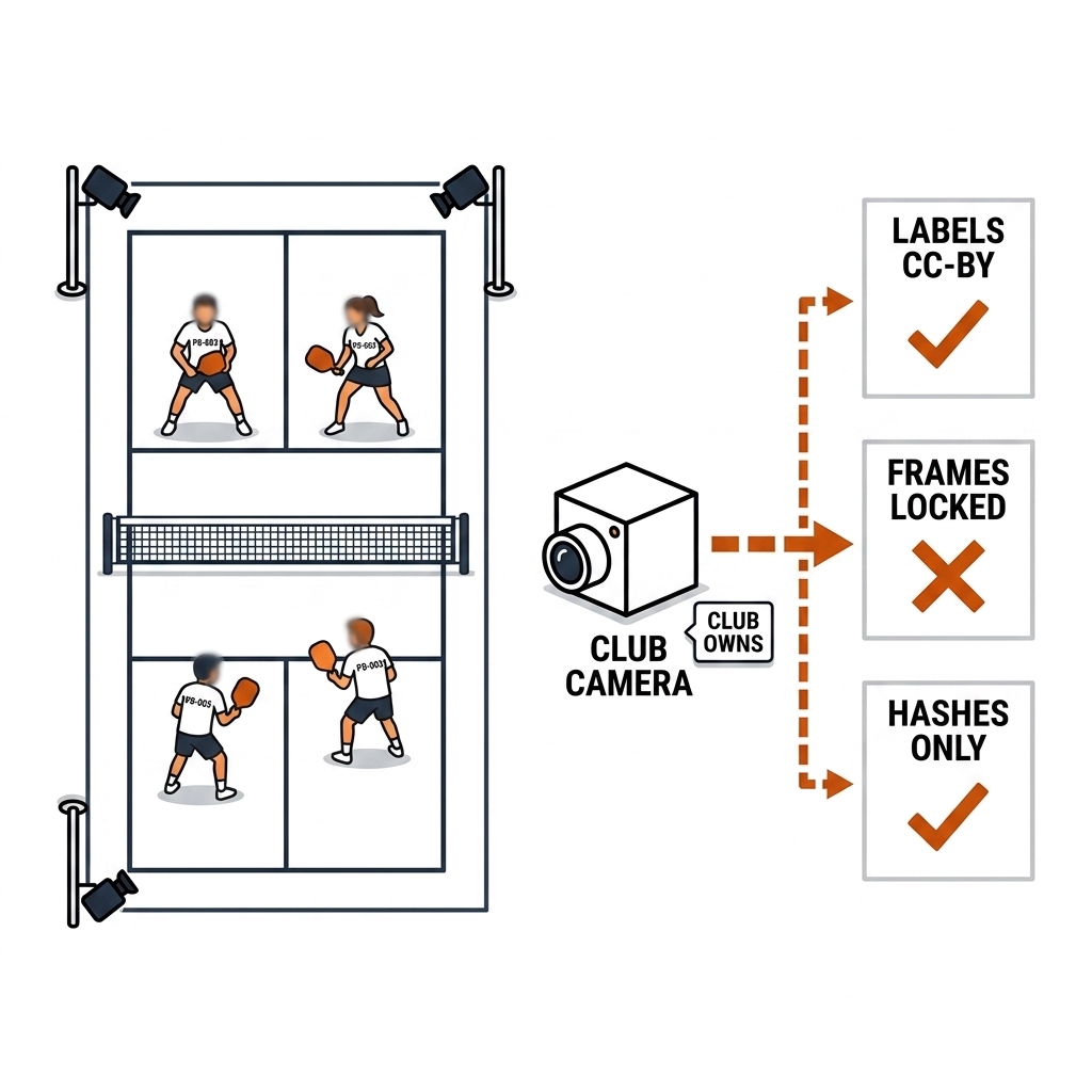 Pickleball court with club cameras feeding three outputs: labels CC-BY ticked, frames locked with X, hashes only ticked.