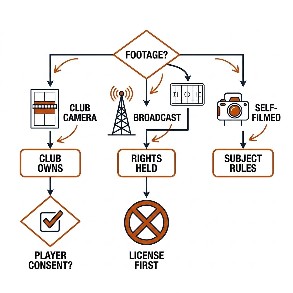 Rights decision tree: club camera branch with player consent, broadcast branch blocked for license, self-filmed branch with subject rules.