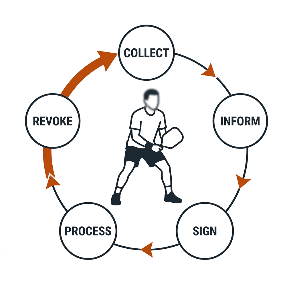 Five-node consent ring: collect, inform, sign, process, revoke, looping back; blurred-face athlete at center.