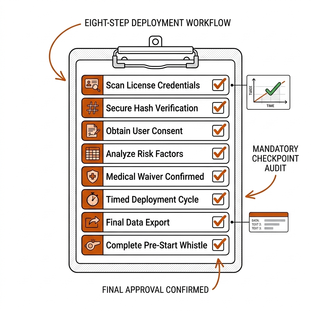 Deployment checklist clipboard with eight ticked gates: license scan, hash, consent, risk, medical shield, stopwatch, export, whistle.