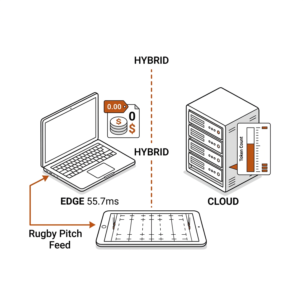 Edge laptop courtside versus cloud server rack with the hybrid boundary between them.