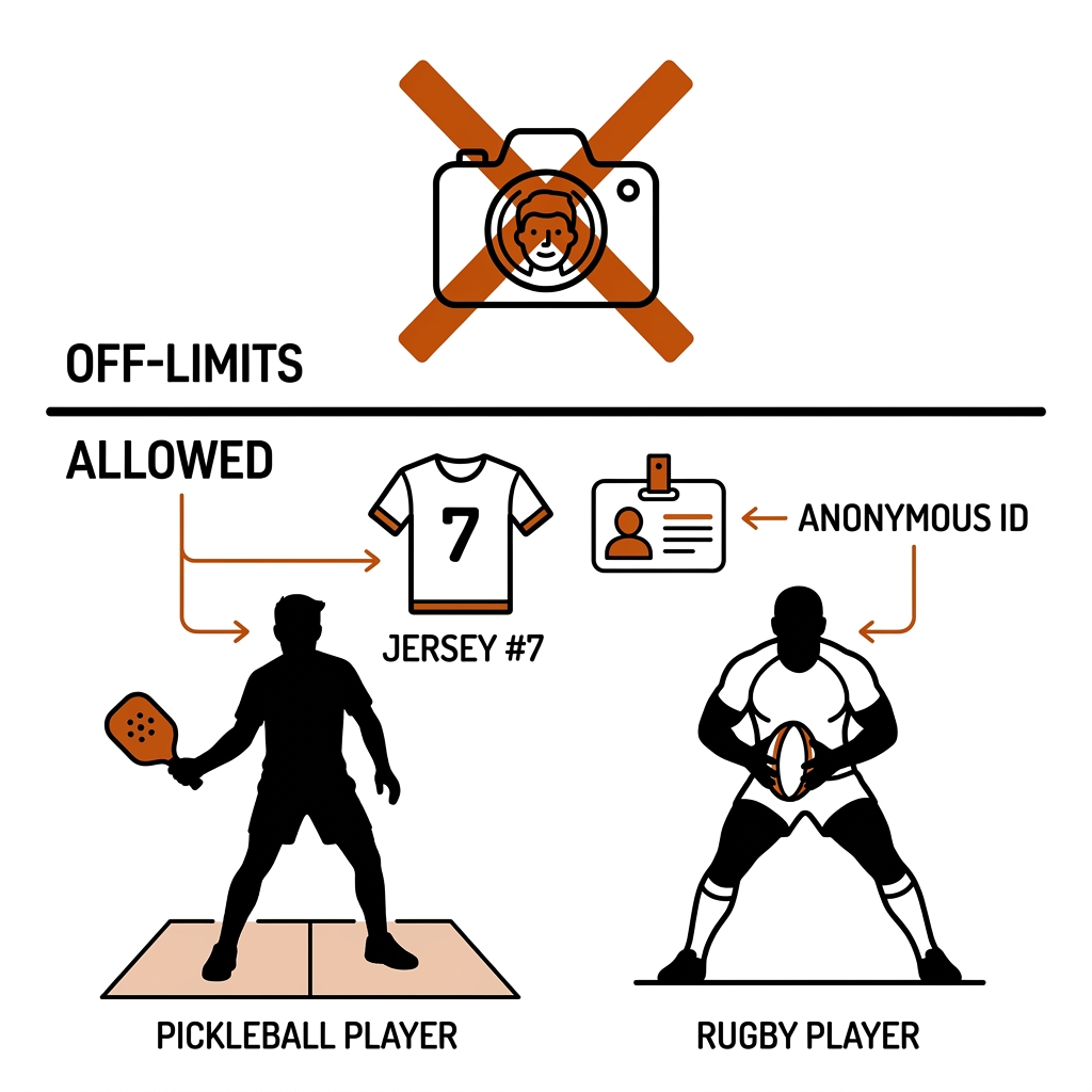 A line dividing off-limits facial recognition above from allowed jersey numbers and anonymous IDs below.