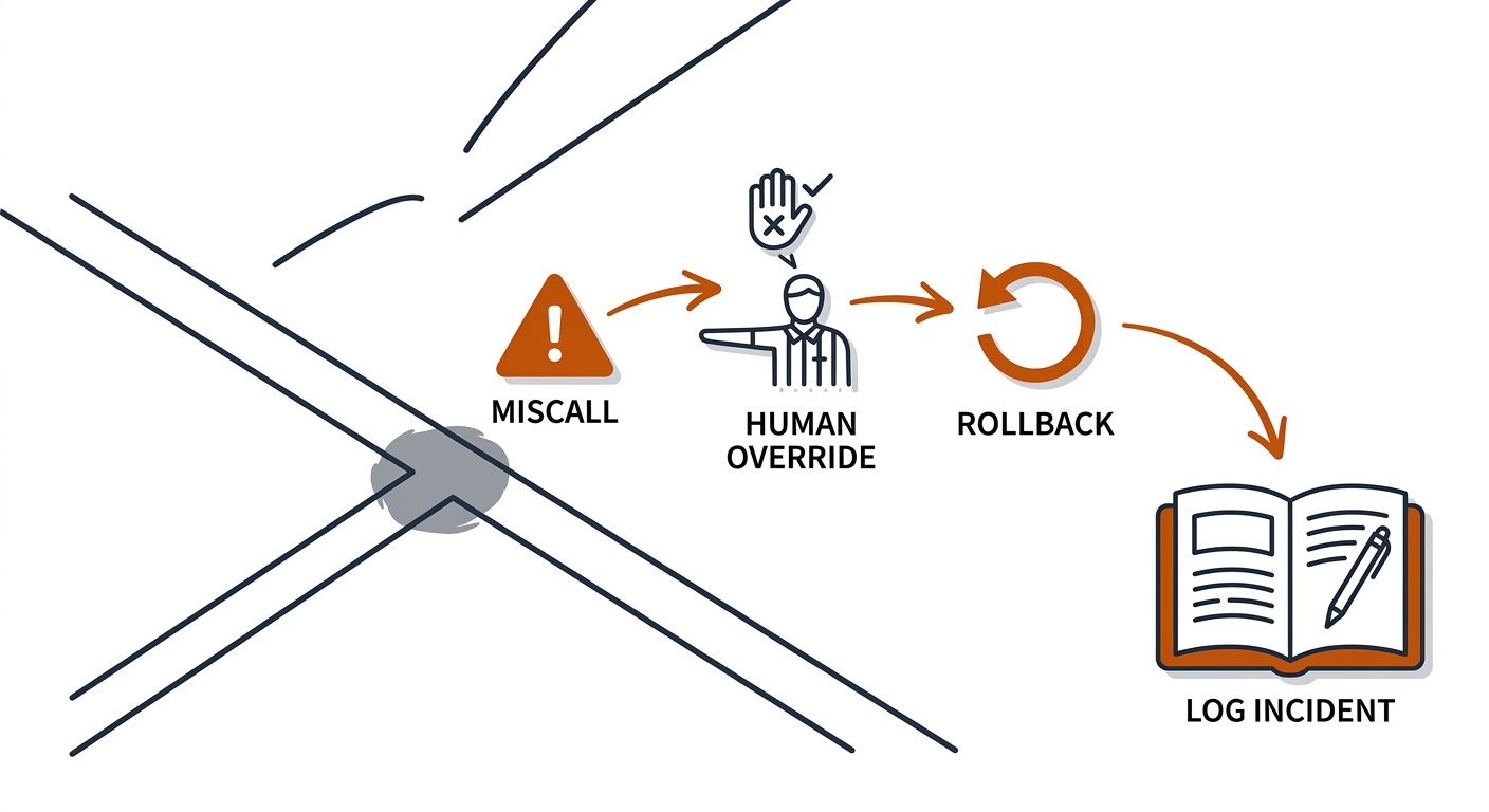 Incident loop on a pickleball line: miscall alert to referee override to rollback to incident log.