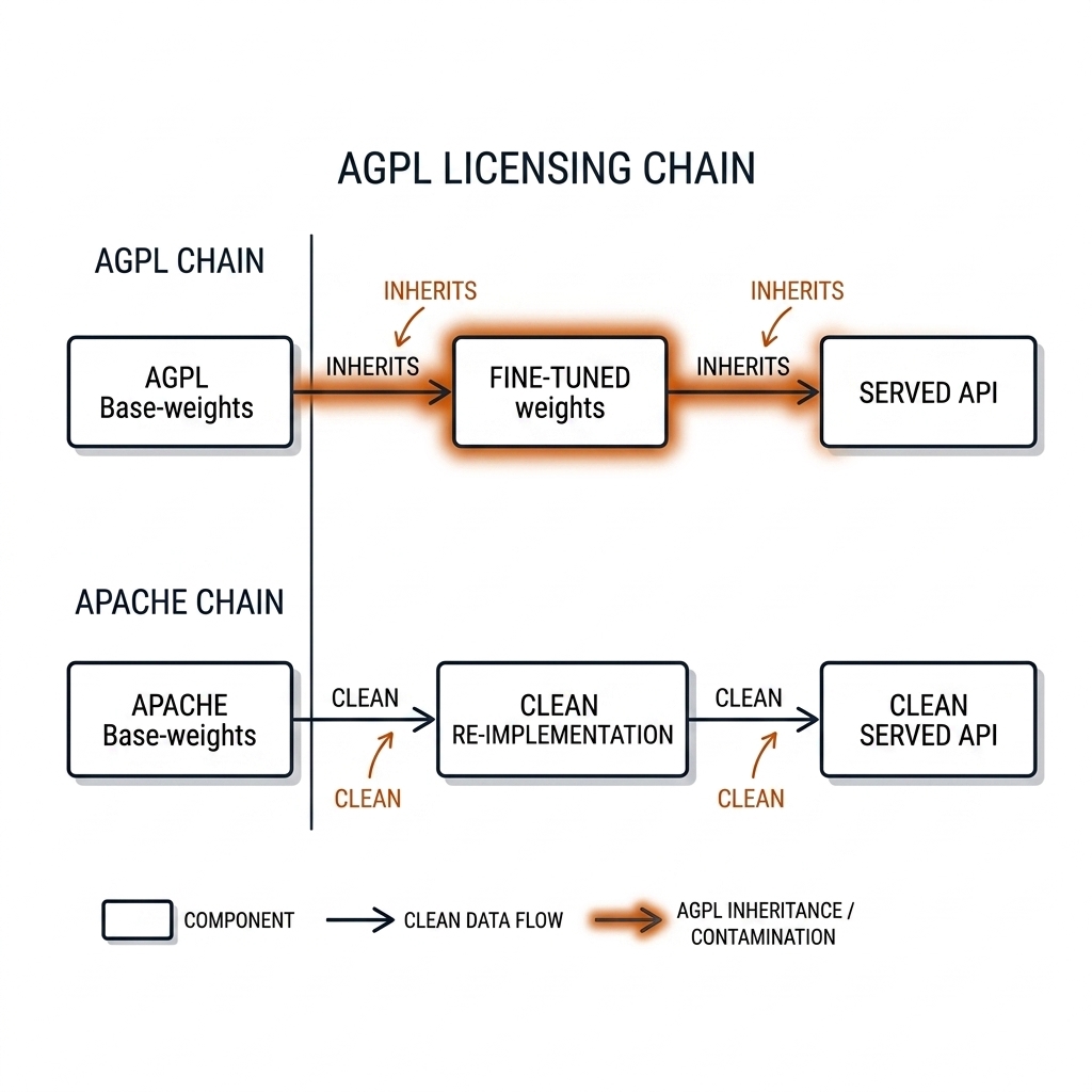 License propagation flowchart: AGPL contamination spreading from base weights to fine-tuned weights to served API; parallel clean Apache path.