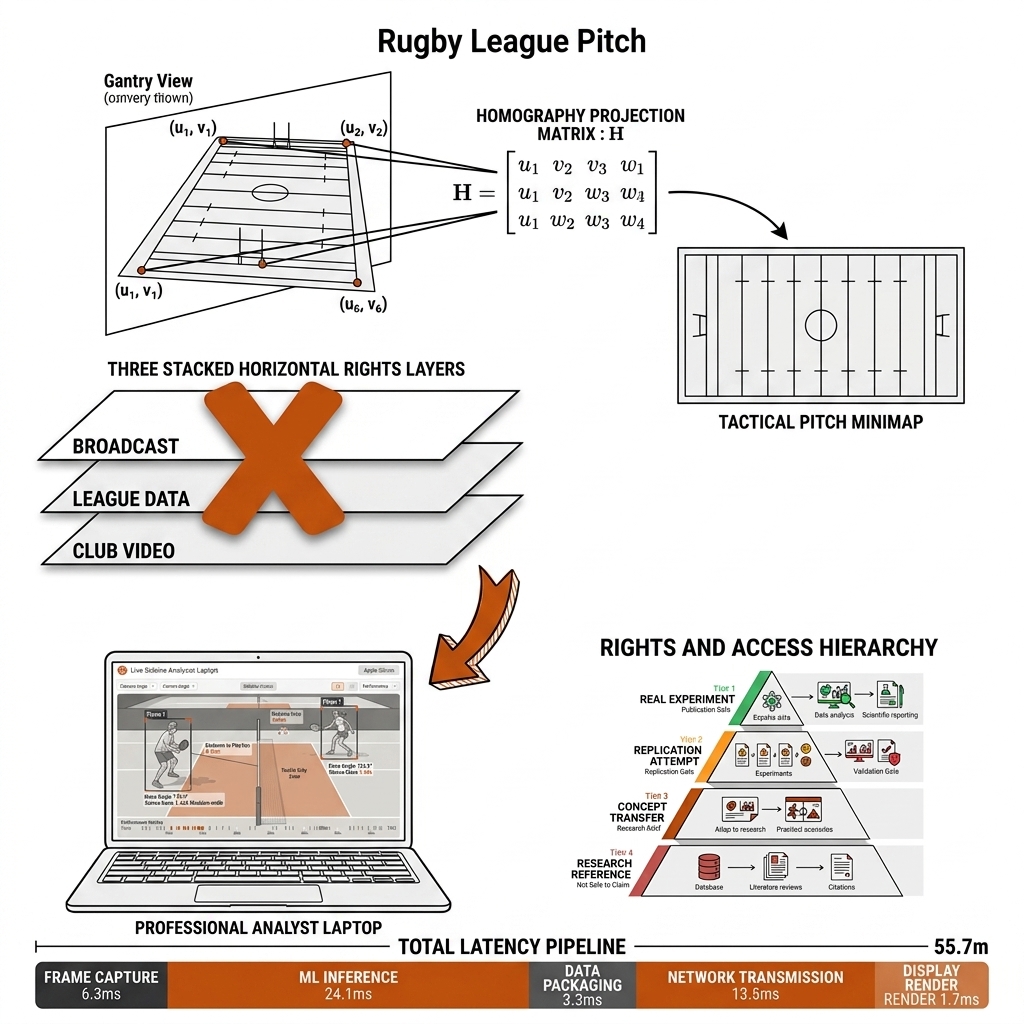 Rugby league pitch from a broadcast gantry with three stacked rights layers: broadcast blocked, league data and club video open to the analyst laptop.