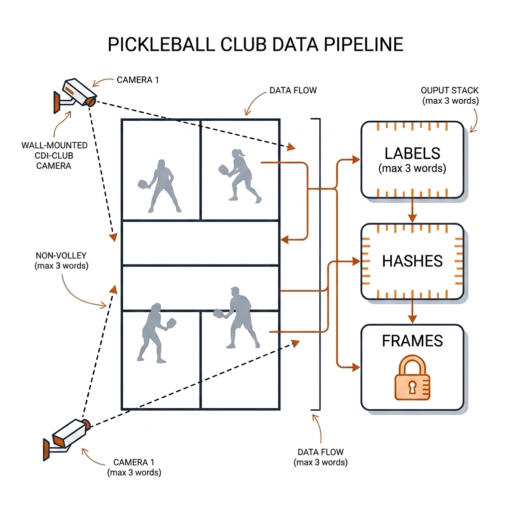 Pickleball court with club cameras feeding three outputs: labels ticked, hashes ticked, frames padlocked.