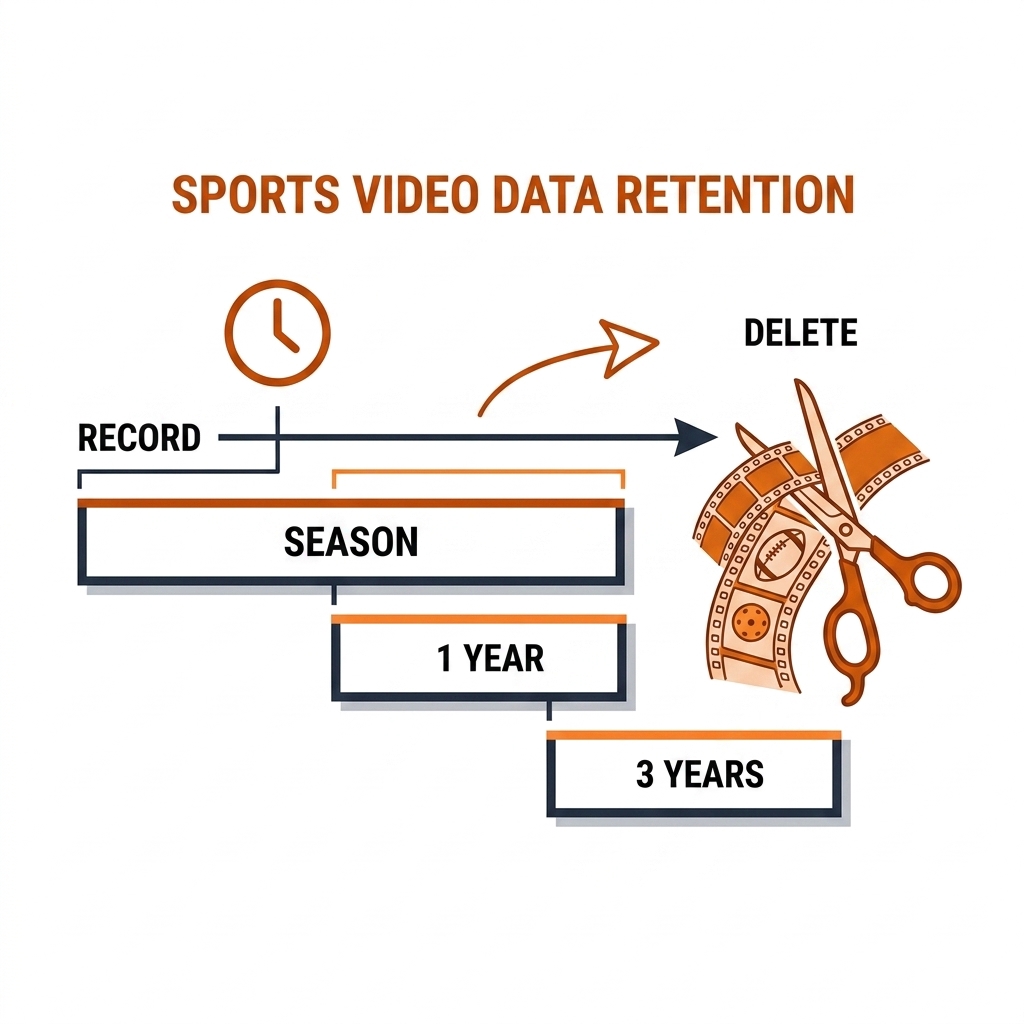 Retention timeline from record to delete with season, one-year, and three-year bars and scissors cutting the reel.