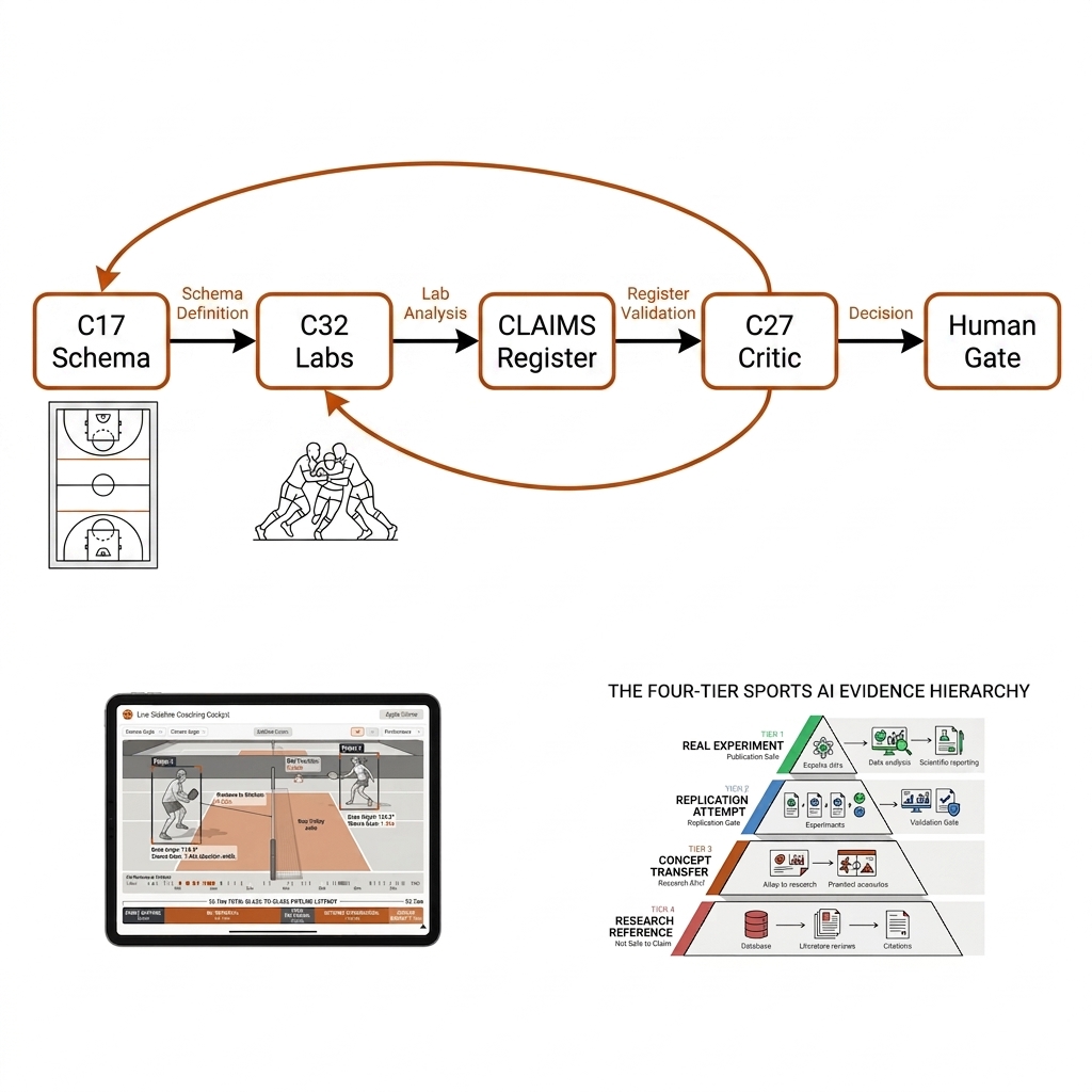 Agent path: C17 Schema leads to C32 Labs, then to CLAIMS Register, then to C27 Critic, with loops back to Schema and Labs, and a Human Gate at the end.